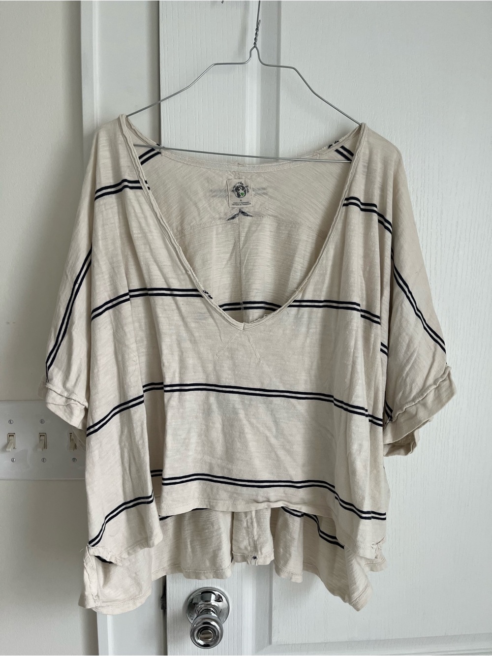 We The Free Cream V-Neck Boxy Crop with Blue Stripes